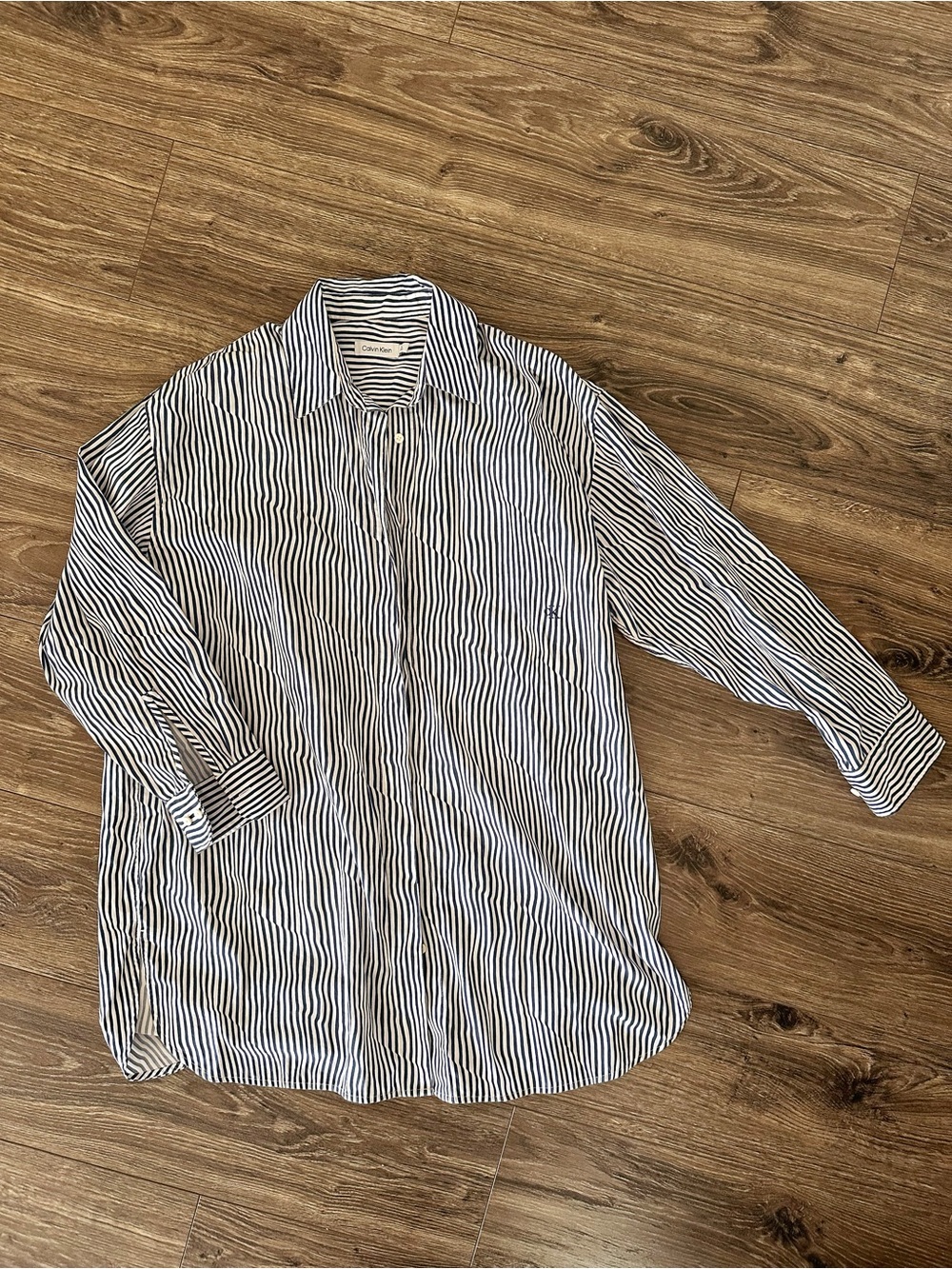 Calvin Klein Vertical Stripe Lightweight Shirt Dress - White & Blue